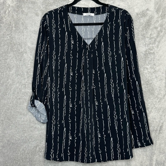 Amazon Youtalia XL Shirt Top Black White Striped Tab Long Sleeve V Neck Womens - Picture 1 of 8
